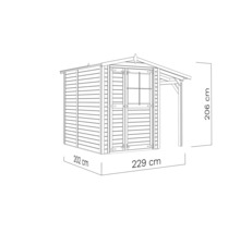 Illustratie van een tuinhuis met afmetingen van 202 bij 229 bij 206 centimeter