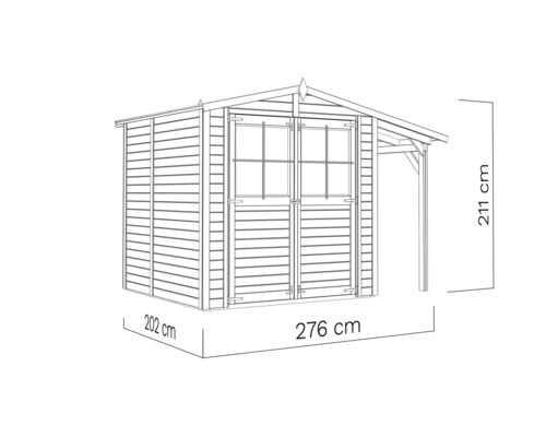 Illustratie van een tuinhuis met de afmetingen 202 cm x 276 cm x 211 cm.