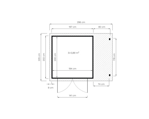 Plattegrond van een tuinhuis met afmetingen