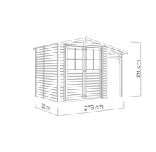 Illustratie van een tuinhuis met luifel en afmetingen