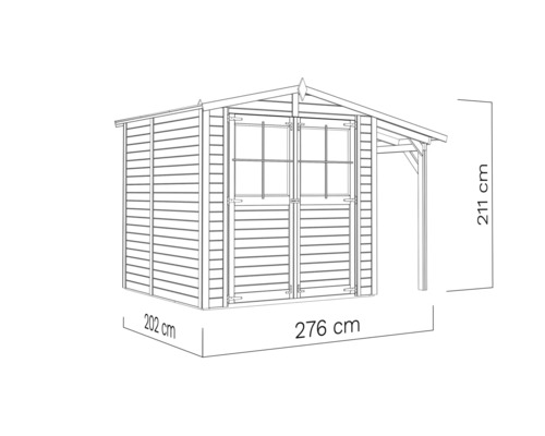 Illustratie van een tuinhuis met luifel en afmetingen
