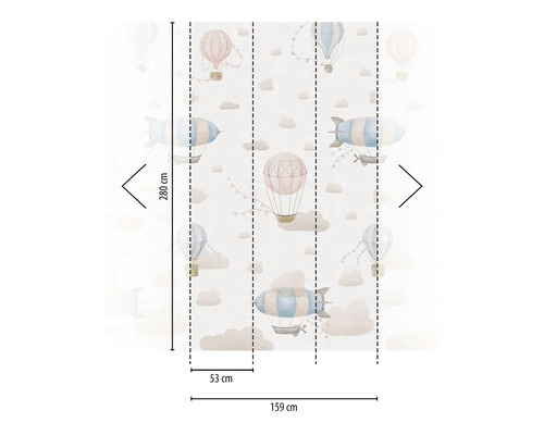 Behang met heteluchtballonnen en luchtschepen, afmetingen 280 cm hoog en 159 cm breed