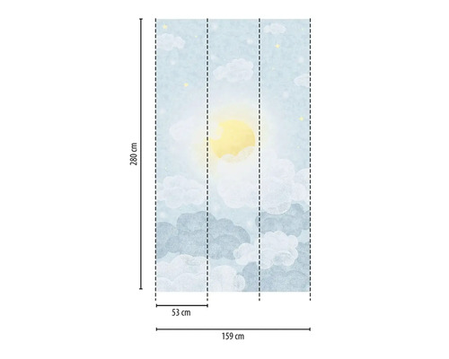 Behang met wolken- en zonmotief en maatvoering