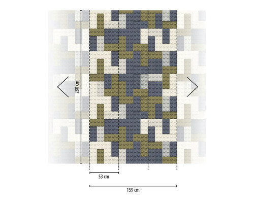 Afbeelding van een muurbekleding met bouwsteenmotief en afmetingen 280 cm hoog en 159 cm breed