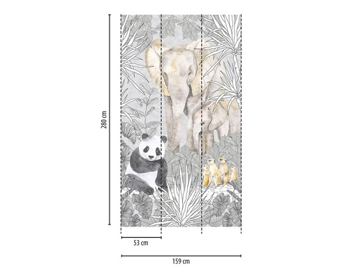 Fotobehang met olifanten, panda en stokstaartjes in de jungle, maatvoering