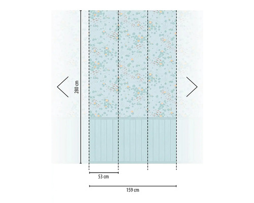 Afmetingen van een patroonbehang met bladeren- en vismotief, hoogte 280 cm, breedte 159 cm