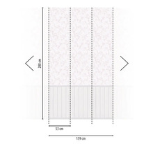 Afmetingen van een behang met bloemmotief, bestaande uit meerdere banen, waarbij de hoogte 280 cm en de totale breedte 159 cm is.