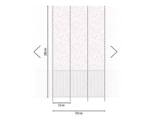 Afmetingen van een behang met bloemmotief, bestaande uit meerdere banen, waarbij de hoogte 280 cm en de totale breedte 159 cm is.