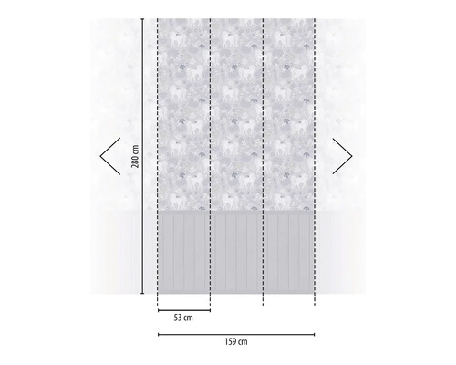 Wandpanelen met eenhoornmotief en afmetingen 280 cm hoog en 159 cm breed