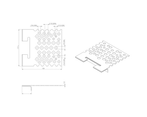 Technische tekening van een geperforeerde plaat met afmetingen
