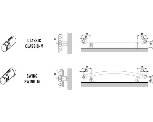 Illustratie van het ontwerp van handdoekhouders van de varianten Classic-M en Swing-M met maataanduidingen.