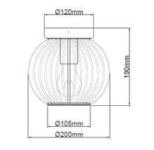 Technische tekening van een bolvormige lamp met de afmetingen: 120 mm diameter voor de plafondbevestiging, 105 mm diameter voor de onderste bevestiging, 200 mm diameter voor de bol en 190 mm hoogte.