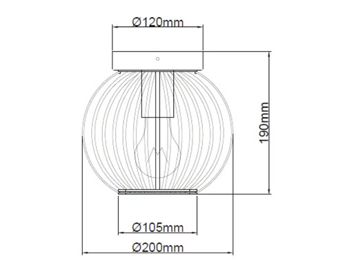 Technische tekening van een bolvormige lamp met de afmetingen: 120 mm diameter voor de plafondbevestiging, 105 mm diameter voor de onderste bevestiging, 200 mm diameter voor de bol en 190 mm hoogte.