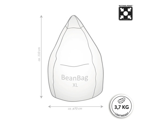 Schets van een zitzak met de afmetingen circa 110 centimeter hoog en circa 70 centimeter doorsnede, symbool voor zitpositie en aanduiding als lichtgewicht met 3,7 kilogram.