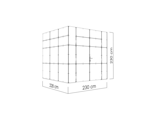 Schema van een douchecabine met afmetingen van 230 bij 230 bij 228 centimeter