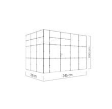 Afbeelding van een tuinhuis met de afmetingen 345 cm bij 228 cm bij 230 cm.