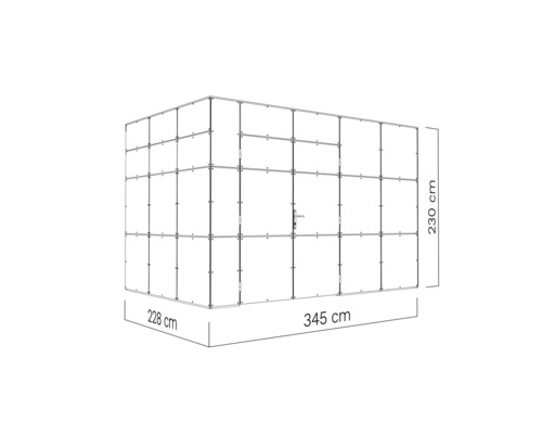 Afbeelding van een tuinhuis met de afmetingen 345 cm bij 228 cm bij 230 cm.