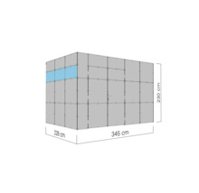 Isometrische weergave van een modulaire ruimtecel met de afmetingen 228 bij 345 bij 230 centimeter