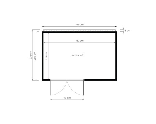 Plattegrond met afmetingen: 345 cm breed, 236 cm hoog, oppervlakte 7,79 vierkante meter