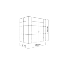 Afbeelding van een tuinhuis met de afmetingen 230 cm x 230 cm x 152 cm.