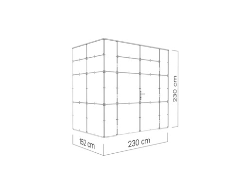 Afbeelding van een tuinhuis met de afmetingen 230 cm x 230 cm x 152 cm.
