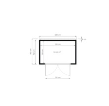 Plattegrond van een tuinhuis met de afmetingen 230 bij 160 centimeter