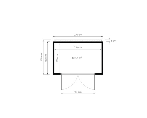 Plattegrond van een tuinhuis met de afmetingen 230 bij 160 centimeter