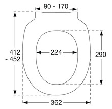 Technische tekening van een toiletbril met afmetingen