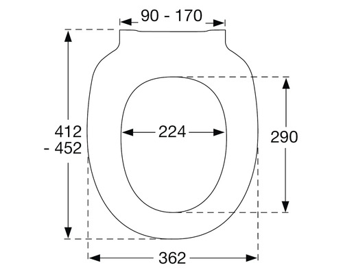 Technische tekening van een toiletbril met afmetingen