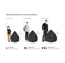 Maatadvies voor zitzakken in de maten L, XL en XXL met bijbehorende personen ter illustratie van de grootte