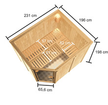 Bovenaanzicht van een sauna met afmetingen en zitbanken