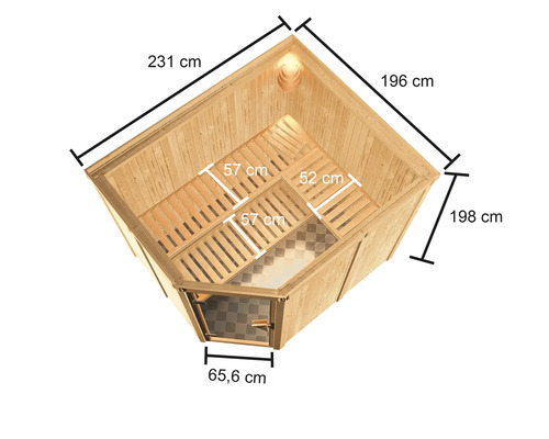 Bovenaanzicht van een sauna met afmetingen en zitbanken
