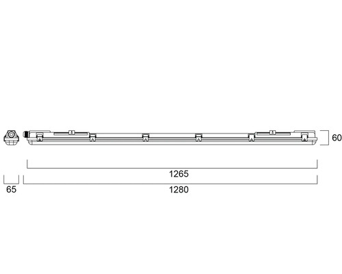 Technische tekening van een LED-vochtige ruimtelamp met afmetingen