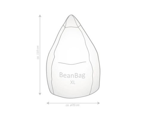 Schets van een XL zitzak met de afmetingen circa 110 cm hoog en 70 cm diameter.