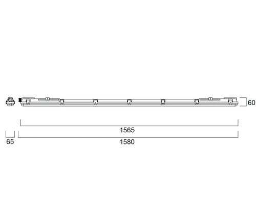 Technische tekening van een lange lamp met afmetingen