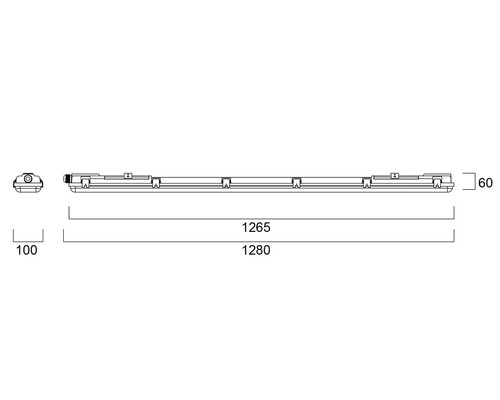 Technische tekening van een lange paneel lamp met de afmetingen 1265 mm, 1280 mm, 60 mm en 100 mm.