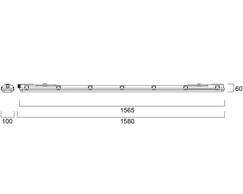 Technische tekening van een lange ledlamp met afmetingen