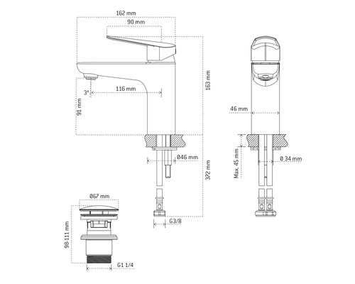 Technische tekening van een kraan met afmetingen