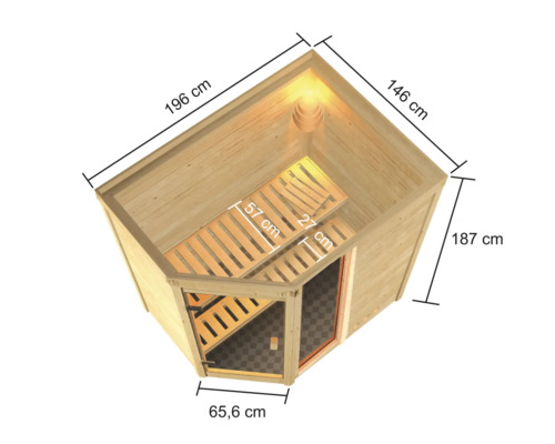 Hoeksauna met afmetingen 196 cm, 146 cm, 187 cm en een deur van 65,6 cm breed.
