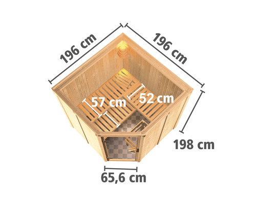 Bovenaanzicht van een houten sauna met de afmetingen 196 cm x 196 cm x 198 cm en een deurbreedte van 65,6 cm