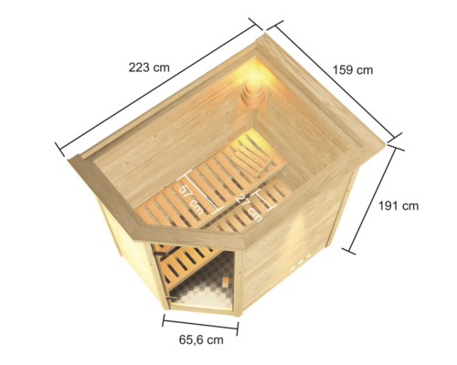 Illustratie van een hoeksauna met de afmetingen 223 cm, 159 cm, 191 cm en 65,6 cm.