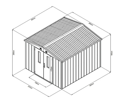 Afbeelding van een tuinhuis met afmetingen