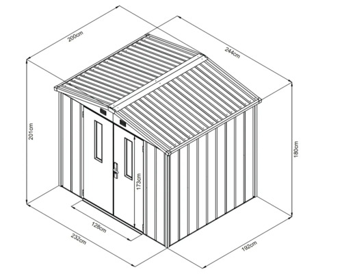 Tekening van een tuinhuis met afmetingen