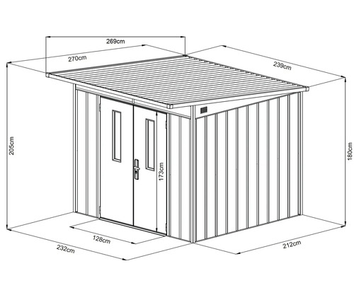 Illustratie van een metalen gereedschapsschuur met maatvoering