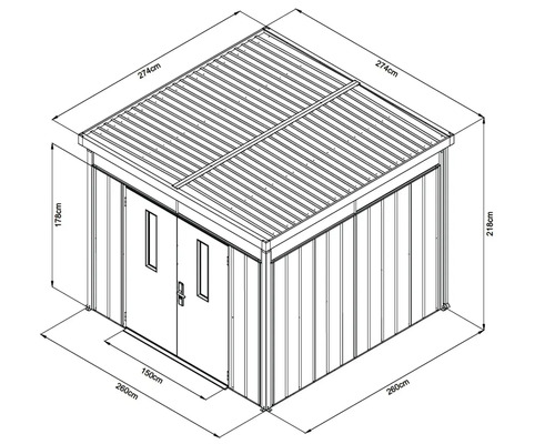 Technische tekening van een metalen tuinhuis met afmetingen