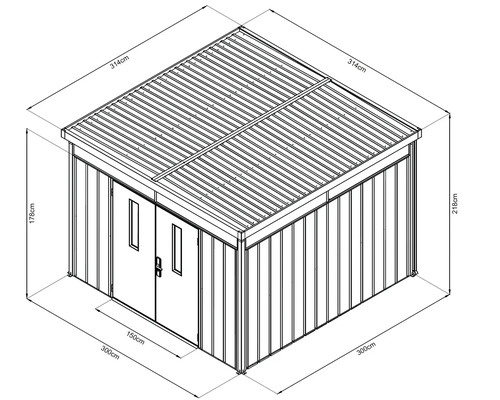 Afbeelding van een tuinhuis met de afmetingen 314 cm x 300 cm x 218 cm