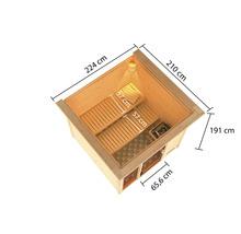 Afbeelding van een sauna met afmetingen: 224 cm lengte, 210 cm breedte en 191 cm hoogte.