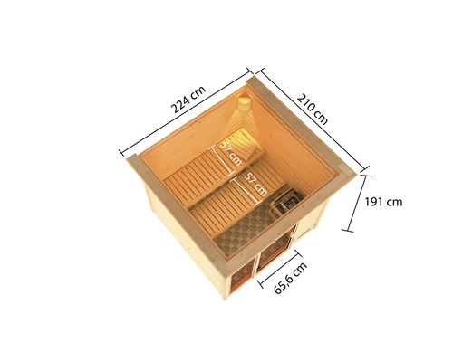 Afbeelding van een sauna met afmetingen: 224 cm lengte, 210 cm breedte en 191 cm hoogte.