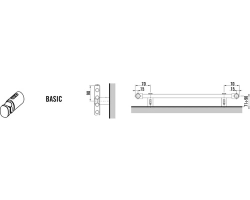 Technische tekening van een BASIC deurvastzetter met maatgegevens.