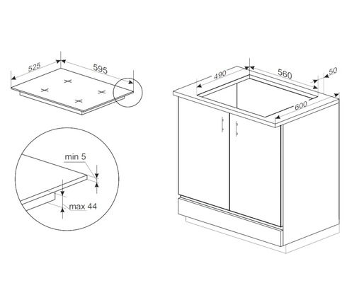 Productmaattekening voor kookplaat en onderkast